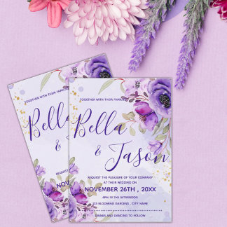 Elegant Paarse Blue Waterverf Floral Wedding Kaart