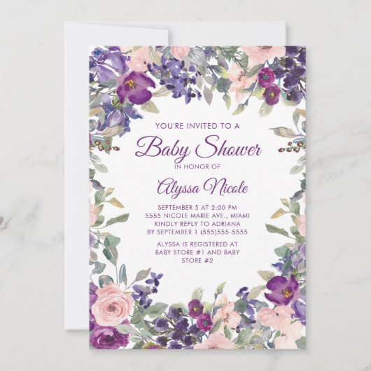 Elegant Paarse Blush Roze Bloemen Baby shower Kaart (Voorkant)