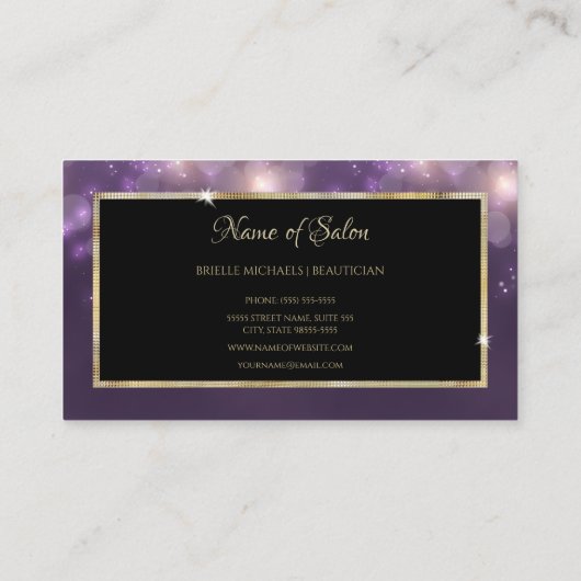 Elegant Paarse Bokeh Salon Zwart en Goud Lijst Visitekaartje (Achterkant)