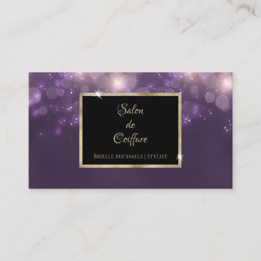 Elegant Paarse Bokeh Salon Zwart en Goud Lijst Visitekaartje (Voorkant)