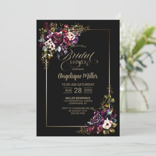 Elegant Paarse Bourgogne Bloemen Zwart Vrijgezelle Kaart (Staand voorkant)