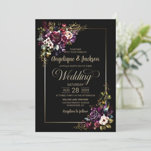 Elegant Paarse Bourgondië zwart bloemenbruiloft Kaart (Staand voorkant)