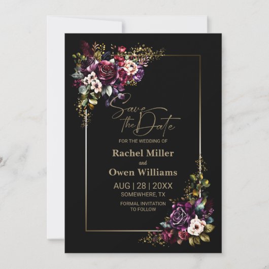 Elegant Paarse Bourgondië zwart bloemenbruiloft Save The Date (Voorkant)