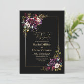 Elegant Paarse Bourgondië zwart bloemenbruiloft Save The Date (Staand voorkant)