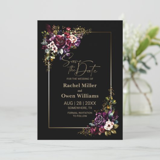 Elegant Paarse Bourgondië zwart bloemenbruiloft Save The Date (Staand voorkant)