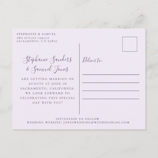 Elegant Paarse bruiloft Agenda sparen de Datum Briefkaart (Achterkant)