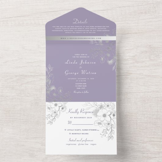 Elegant Paarse Bruiloft All In One Uitnodiging (Binnen)