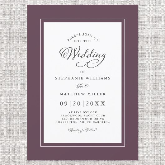 Elegant Paarse bruiloft chique kalligrafie script Kaart