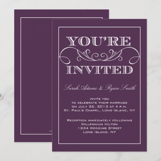 Elegant Paarse bruiloft Uitnodiging (Voorkant / Achterkant)