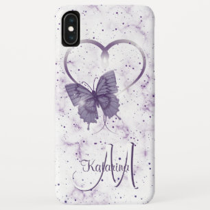 Elegant Paarse Butterfly, Heart & Marble Monogram Case-Mate iPhone Case