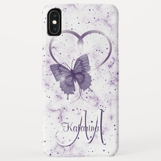 Elegant Paarse Butterfly, Heart & Marble Monogram Case-Mate iPhone Case (Achterkant)