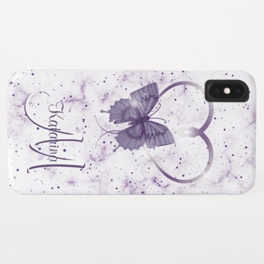 Elegant Paarse Butterfly, Heart & Marble Monogram Case-Mate iPhone Case (Achterkant (horizontaal))