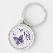Elegant Paarse Butterfly, Heart & Marble Monogram Sleutelhanger (Voorkant)