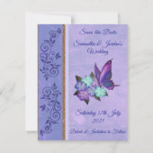 Elegant Paarse Butterfly & Hibiscus Save the Date Kaart (Voorkant)