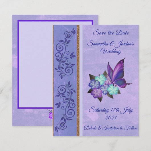 Elegant Paarse Butterfly & Hibiscus Save the Date Kaart (Voorkant / Achterkant)