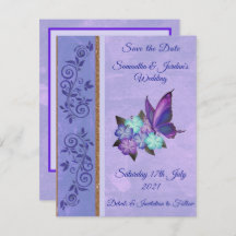 Elegant Paarse Butterfly & Hibiscus Save the Date