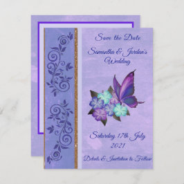 Elegant Paarse Butterfly & Hibiscus Save the Date Kaart