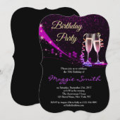 Elegant Paarse Champagne Birthday Party Invite Kaart (Voorkant / Achterkant)