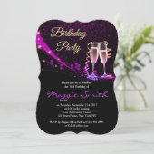 Elegant Paarse Champagne Birthday Party Invite Kaart (Staand voorkant)