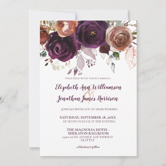Elegant Paarse Champagne Herfst Floral Wedding Kaart (Voorkant)
