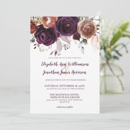 Elegant Paarse Champagne Herfst Floral Wedding Kaart (Staand voorkant)