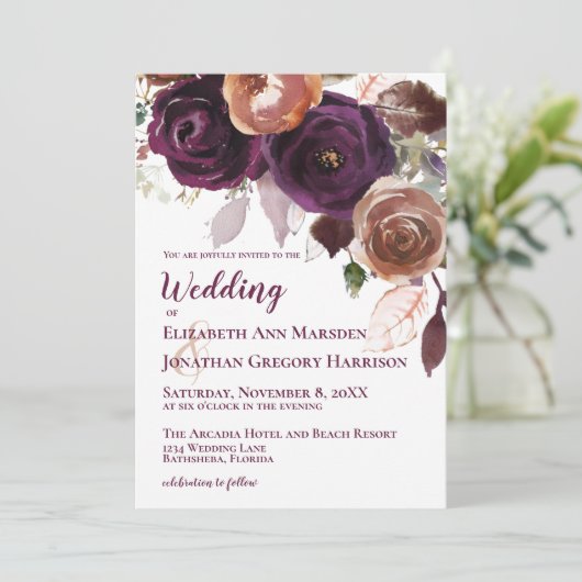 Elegant Paarse Champagne Herfst Floral Wedding Kaart (Staand voorkant)