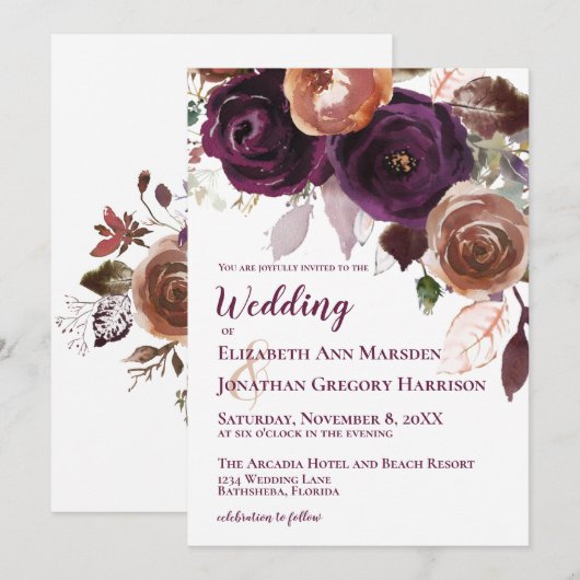 Elegant Paarse Champagne Herfst Floral Wedding Kaart (Voorkant / Achterkant)