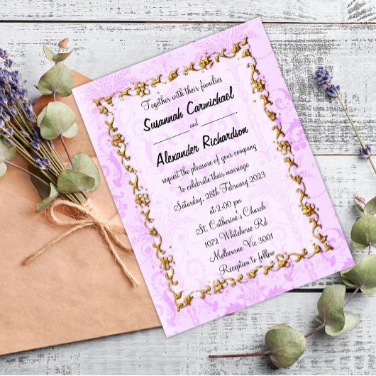 Elegant Paarse Damask en Gold Wedding Briefkaart