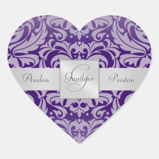 Elegant Paarse Damask Hart Bruiloft Sticker (Voorkant)