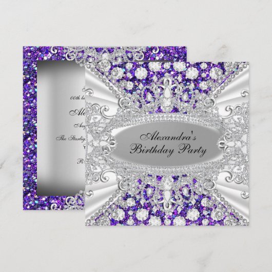 Elegant Paarse Diamond Jewel Birthday Party Invite Kaart (Voorkant / Achterkant)