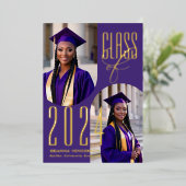 Elegant Paarse en gouden foto Afstuderen Folie Uitnodiging (Staand Voorkant)