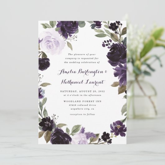 Elegant Paarse en gouden groene blad bloemetjesbru Kaart (Staand voorkant)