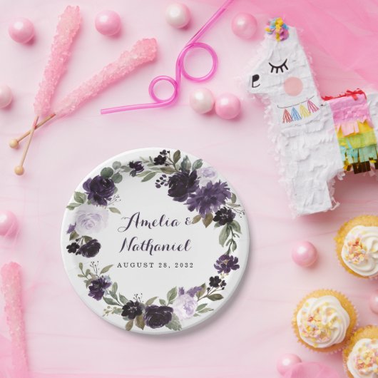 Elegant Paarse en gouden groene blad bloemetjesbru Papieren Bordje (Feest)