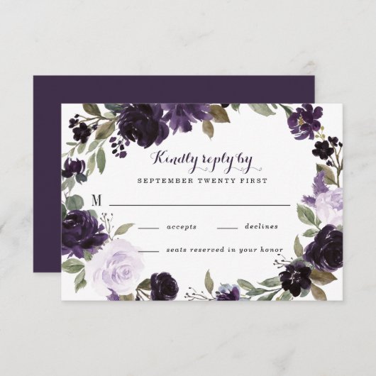 Elegant Paarse en gouden groene blad bloemetjesbru RSVP Kaartje (Voorkant / Achterkant)
