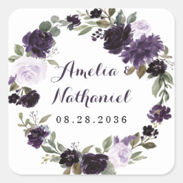 Elegant Paarse en gouden groene blad bloemetjesbru Vierkante Sticker