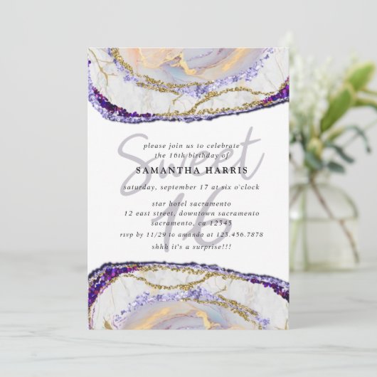 Elegant Paarse en gouden marmeren 16e verjaardagsf Kaart (Staand voorkant)