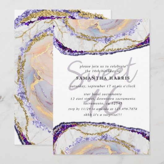 Elegant Paarse en gouden marmeren 16e verjaardagsf Kaart (Voorkant / Achterkant)
