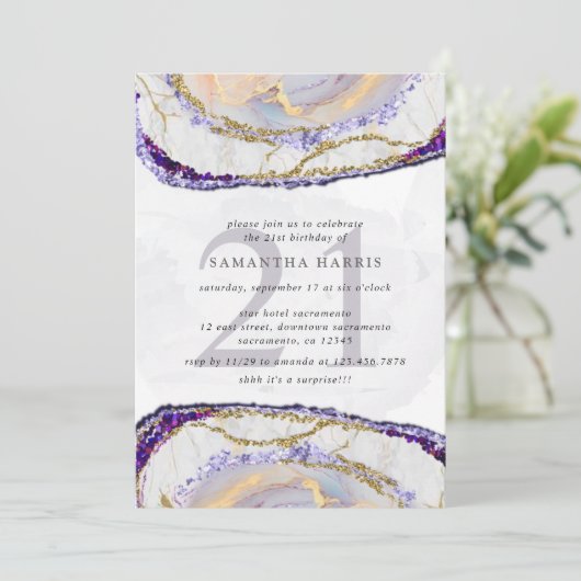 Elegant Paarse en gouden marmeren 21e verjaardagsf Kaart (Staand voorkant)