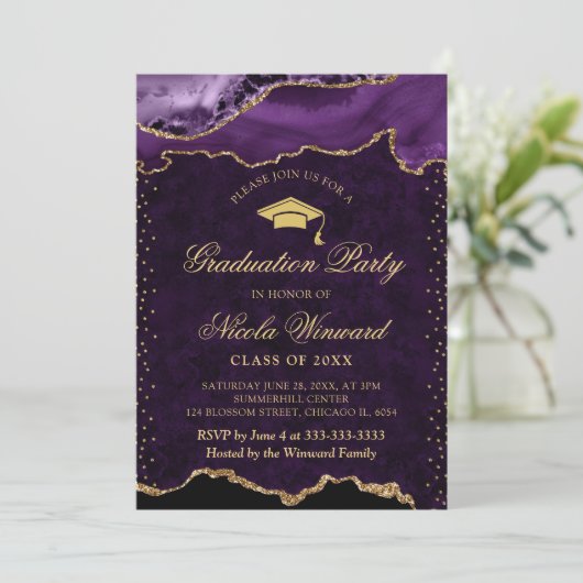 Elegant Paarse en gouden marmeren agaat Afstuderen Kaart (Staand voorkant)