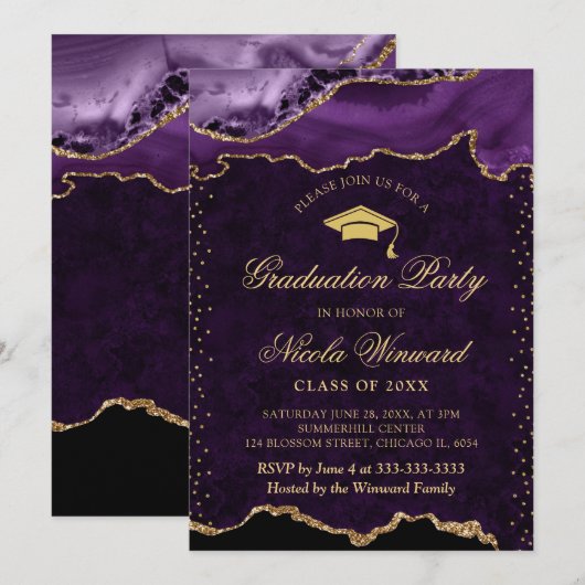 Elegant Paarse en gouden marmeren agaat Afstuderen Kaart (Voorkant / Achterkant)