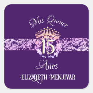 Elegant Paarse en gouden Quinceañera Spaans Vierkante Sticker