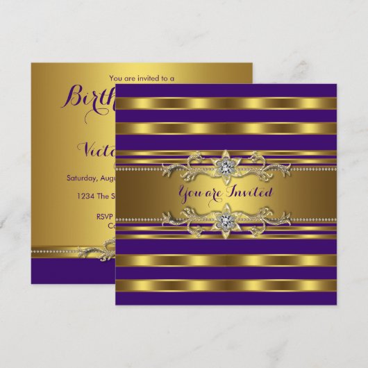 Elegant Paarse en gouden verjaardagsfeestje Kaart (Voorkant / Achterkant)