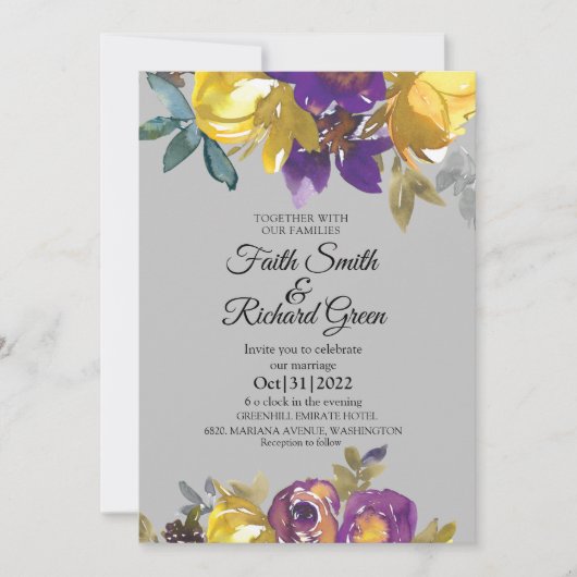Elegant Paarse en grijze bruiloft Kaart (Voorkant)