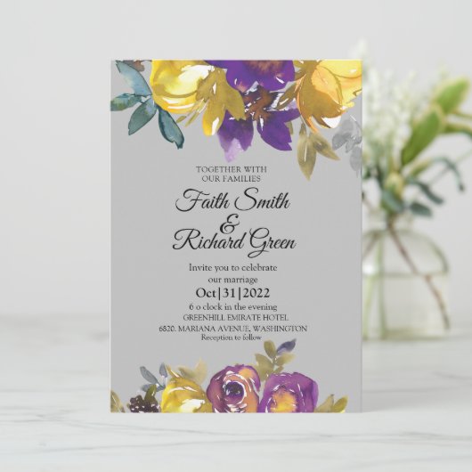 Elegant Paarse en grijze bruiloft Kaart (Staand voorkant)