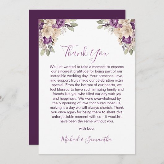 Elegant Paarse en Ivoor Roos Bruiloft Bedankkaart (Voorkant / Achterkant)