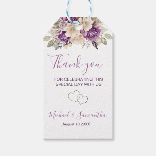 Elegant Paarse en Ivoor Roos Bruiloft Cadeaulabel (Voorkant)