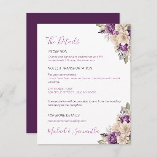 Elegant Paarse en Ivoor Roos Bruiloft Informatiekaartje (Voorkant / Achterkant)