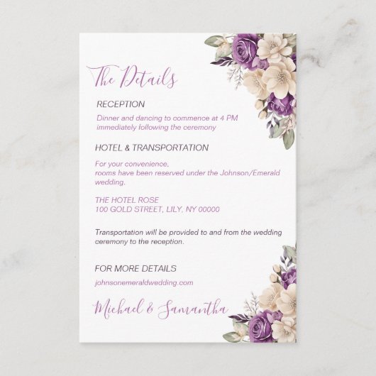 Elegant Paarse en Ivoor Roos Bruiloft Informatiekaartje (Voorkant)