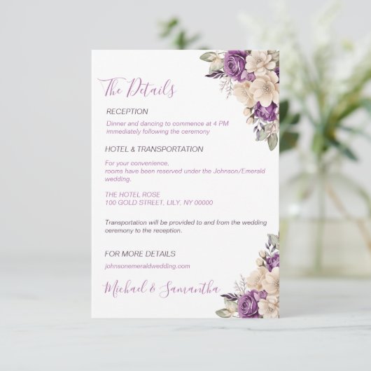 Elegant Paarse en Ivoor Roos Bruiloft Informatiekaartje (Staand voorkant)