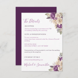 Elegant Paarse en Ivoor Roos Bruiloft Informatiekaartje